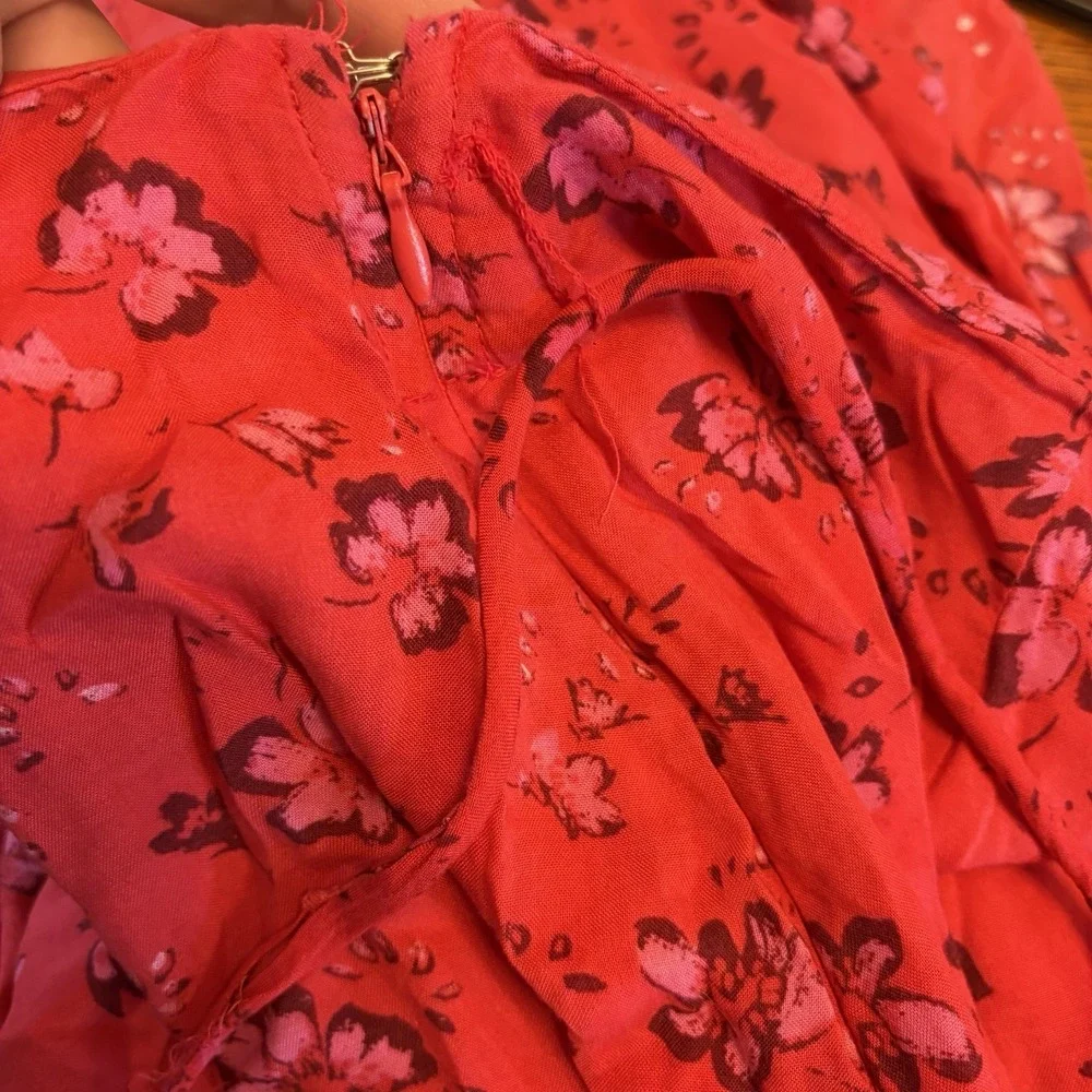 Free People Bijou Midi Red Floral Skirt Sz 6 Resort Feminine Zipper High‎ Slit